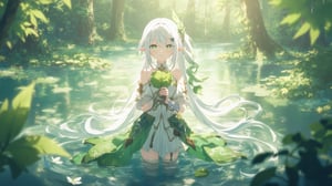 (1girl, solo), long hair, looking at viewer, smile, bangs, hair ornament, dress, holding, hair between eyes, green eyes, standing, white hair, sidelocks, multicolored hair, outdoors, detached sleeves, pointy ears, water, cape, white dress, side ponytail, symbol-shaped pupils, gradient hair, leaf, plant, nature, wading, green cape, nahida \(genshin impact\), nahida,

a cute anime character with white hair and green eyes, wearing an intricate white and green outfit, standing in water, holding a large leaf, forest background, sunlight filtering through leaves, mystical and dreamy atmosphere, highly detailed, vibrant colors