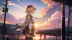 masterpiece, best quality, high quality, extremely detailed, High Detail, vibrant colors, backlight, colorful, illustration, purple and pink hues

(1girl, solo), short hair, blue eyes, blonde hair, monocle hair ornament, from side, virtual youtuber, amelia watson, watson amelia, amelia_detective, collared shirt, red necktie, plaid skirt, thighhighs, (detective accessories:0) deerstalker, brown capelet, pocket watch, stethoscope, syringe, 

outdoors, sky, cloud, wind, sunset, sunset sky, large clouds, detective outfit, plaid hat, wind blowing, soft lighting, outdoor scene, bus stop sign