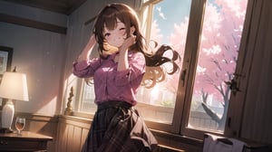 masterpiece, best quality, high quality, extremely detailed CG unity 8k wallpaper, extremely detailed, High Detail, vibrant colors, backlight, simple background, ethereal, dreamy atmosphere, soft lighting, gentle hues,

(1girl, solo), long hair, brown hair, one eye closed, pink plaid shirt, plaid skirt,

a young girl standing by a window, wearing a pink plaid shirt, smiling cutely with one eye winking, hands on her cheeks, playful pose, casual outfit, natural lighting, soft glow, whimsical setting,