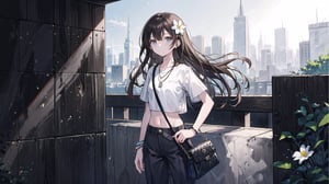 masterpiece, best quality, high quality, extremely detailed CG unity 8k wallpaper, extremely detailed, High Detail, vibrant, colors, backlight, simpler background, white background, grayscale background, elegant, chic, stylish, fashionable,

(1girl, solo), long hair, looking at viewer, brown hair, shirt, holding, jewelry, standing, upper body, flower, short sleeves, shoes, midriff, pants, necklace, bag, crop top, hand on hip, black shirt, white footwear, sneakers, watch, handbag, white pants, tiles, wristwatch, holding bag,

A young fashionable woman standing in front of a wall decorated with white floral reliefs, wearing a black crop top, white loose pants, gray sneakers, and holding a black handbag, minimalist and modern style, stylish accessories, 