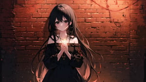 masterpiece, best quality, high quality, extremely detailed CG unity 8k wallpaper, extremely detailed, High Detail, vibrant, colors, backlight, simple background, brick wall background,

(1girl, solo), long hair, looking at viewer, black hair, jewelry, upper body, necklace, black eyes, lips, magic, brick wall, full body,

A young girl standing in front of a brick wall, holding glowing string lights in her hands, dimly lit background, warm and mysterious atmosphere, calm expression, direct gaze at the camera, slightly pursed lips, wearing a black outfit with red floral embroidery,