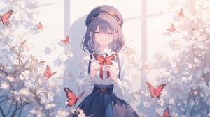 A stunning digital illustration of a single girl posing solo in front of a simple background with a dreamy, pastel-colored garden filled with blooming flowers and butterflies. She wears a white long-sleeved shirt with a red necktie and a black skirt, complete with low twintails and bangs framing her face. Her hair falls between her eyes, and she keeps her parted lips closed, showcasing a subtle smirk. The focus is on her bust shot as she holds a red butterfly specimen in front of her. A black and blue military hat sits atop her head, adding an air of uniformity to the overall design. Soft shadows enhance the dreamcore atmosphere, inviting the viewer to step into this whimsical world.