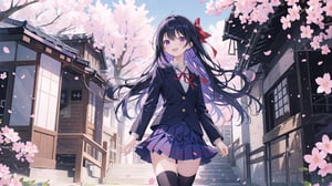 masterpiece, best quality, high quality, extremely detailed CG unity 8k wallpaper, extremely detailed, High Detail, vibrant colors, backlight, photo background, 

(1girl, solo), Tohka Yatogami, yatogami_tohka, yatogami_tohka, tohka (date a live), long hair, breasts, looking at viewer, blush, smile, open mouth, bangs, skirt, shirt, black hair, thighhighs, long sleeves, ribbon, hair between eyes, medium breasts, very long hair, school uniform, standing, purple eyes, jacket, hair ribbon, white shirt, flower, :d, cowboy shot, pleated skirt, outdoors, collared shirt, black thighhighs, miniskirt, red ribbon, blue skirt, zettai ryouiki, petals, neck ribbon, floating hair, blazer, outstretched arm, cherry blossoms, outstretched hand, stairs,

Anime girl, long black hair, wearing blue school uniform with red ribbon, standing under cherry blossom tree, petals falling, spring atmosphere, inviting gesture, detailed, vibrant colors, high resolution,