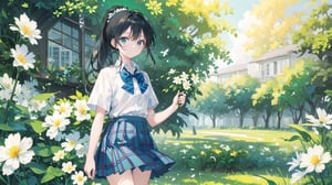 masterpiece, best quality, high quality, extremely detailed CG unity 8k wallpaper, extremely detailed, High Detail, vibrant colors, backlight, photo background, 

(1girl, solo), skirt, shirt, black hair, bow, school uniform, white shirt, ponytail, flower, short sleeves, pleated skirt, outdoors, bowtie, plaid, plaid skirt, field, flower field,

A girl in a white shirt and green plaid skirt standing in a field of green plants and white flowers, with a transparent greenhouse in the background, bright sunny day, fresh and natural atmosphere