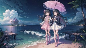 masterpiece, best quality, high quality, extremely detailed CG unity 8k wallpaper, extremely detailed, High Detail, anime style, colors, backlight, cute background, dreamy background, ethereal ambiance, magical atmosphere, fantasy elements, whimsical,

(2 girls, twins), long hair, multiple girls, black hair, dress, 2girls, boots, day, water, ocean, umbrella, knee boots, dual persona, pink footwear,

Two girls standing by the water, wearing cute dresses, long hair, holding a transparent umbrella, one in a pink dress, the other in a blue dress, fashionable boots, calm sea in the background, clear sky, refreshing and cheerful atmosphere, 