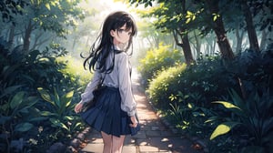 masterpiece, best quality, high quality, extremely detailed CG unity 8k wallpaper, extremely detailed, High Detail, vibrant, colors, backlight, simple background, ethereal, dreamy, soft light, pastel hues,

1girl, solo, long hair, skirt, shirt, black hair, long sleeves, standing, outdoors, striped, from behind, tree, blue skirt, long skirt, striped shirt, fence, facing away,

A girl with long black hair, wearing a striped long-sleeve shirt and a dark blue skirt, walking on a forest path surrounded by trees, The ground is covered with fallen leaves, creating a tranquil and natural atmosphere, soft glow, misty background, gentle breeze, warm tones, soft focus,