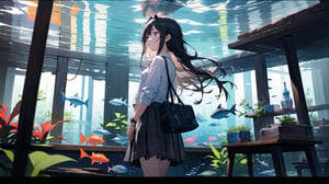 masterpiece, best quality, high quality, extremely detailed CG unity 8k wallpaper, extremely detailed, High Detail, vibrant colors, backlight, photo background, 

(1girl, solo), long hair, skirt, shirt, black hair, bag, looking up, watch, wristwatch, aquarium,

A girl standing in front of a large aquarium, gazing thoughtfully at the blue underwater scene, soft lighting, calm and serene atmosphere, long hair, casual outfit