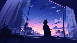 masterpiece, best quality, high quality, backlight, (midjourney), midjourney style, anime style, wallpaper, blue tone, blue background, (profile), 

(cat, a black cat, cute, (silhouette)), sitting, sky, cloud, indoors, (no humans:1.5), window, cloudy sky, curtains, scenery, blue sky, open window, windowsill,

A black cat sitting by the window, looking out at a sky transitioning from bright daytime with fluffy white clouds, through a twilight sky with pink and purple hues, to a night sky full of stars and dark clouds, curtains gently framing the view, soft light transitioning from day to night