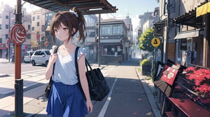 masterpiece, best quality, high quality, extremely detailed CG unity 8k wallpaper, extremely detailed, High Detail, vibrant colors, backlight, photo background, 

(1girl, solo), skirt, brown hair, shirt, brown eyes, ponytail, outdoors, parted lips, food, solo focus, bag, blue shirt, ground vehicle, building, motor vehicle, realistic, car, road, street, real world location,

woman, standing, street, blue t-shirt, white skirt, white shoulder bag, holding cute item, 7-Eleven, convenience store, background, pedestrians, vehicles, daytime,