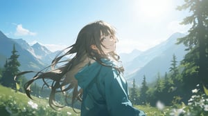 (1girl, solo), long hair, smile, brown hair, black hair, long sleeves, upper body, outdoors, sky, day, sweater, tree, blue sky, sleeves past wrists, mountain, teal jacket, scenic mountain landscape, clear blue skies, sunlight, green vegetation, majestic mountains, gentle breeze, wildflowers, warm glow, peaceful atmosphere