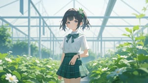 masterpiece, best quality, high quality, extremely detailed CG unity 8k wallpaper, extremely detailed, High Detail, vibrant colors, backlight, photo background, 

(1girl, solo), skirt, shirt, black hair, bow, school uniform, white shirt, ponytail, flower, short sleeves, pleated skirt, outdoors, bowtie, plaid, plaid skirt, field, flower field,

A girl in a white shirt and green plaid skirt standing in a field of green plants and white flowers, with a transparent greenhouse in the background, bright sunny day, fresh and natural atmosphere