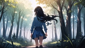 masterpiece, best quality, high quality, extremely detailed CG unity 8k wallpaper, extremely detailed, High Detail, vibrant, colors, backlight, simple background, ethereal, dreamy, soft light, pastel hues,

1girl, solo, long hair, skirt, shirt, black hair, long sleeves, standing, outdoors, striped, from behind, tree, blue skirt, long skirt, striped shirt, fence, facing away,

A girl with long black hair, wearing a striped long-sleeve shirt and a dark blue skirt, walking on a forest path surrounded by trees, The ground is covered with fallen leaves, creating a tranquil and natural atmosphere, soft glow, misty background, gentle breeze, warm tones, soft focus,