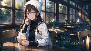 masterpiece, best quality, high quality, extremely detailed CG unity 8k wallpaper, extremely detailed, High Detail, vibrant colors, backlight, photo background, 

(1girl, solo), long hair, looking at viewer, smile, brown hair, long sleeves, hat, holding, brown eyes, jewelry, upper body, indoors, nail polish, bracelet, cup, lips, window, table, holding cup, beanie,

a young woman, wearing a light-colored fuzzy hat, long straight black hair, blue turtleneck long-sleeve shirt, holding a yellow and white striped cup, sitting indoors with striped wall background, smiling, cozy atmosphere, high quality, detailed face, natural lighting