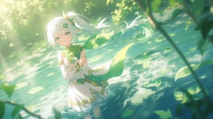 (1girl, solo), long hair, looking at viewer, smile, bangs, hair ornament, dress, holding, hair between eyes, green eyes, standing, white hair, sidelocks, multicolored hair, outdoors, detached sleeves, pointy ears, water, cape, white dress, side ponytail, symbol-shaped pupils, gradient hair, leaf, plant, nature, wading, green cape, nahida \(genshin impact\), nahida,

a cute anime character with white hair and green eyes, wearing an intricate white and green outfit, standing in water, holding a large leaf, forest background, sunlight filtering through leaves, mystical and dreamy atmosphere, highly detailed, vibrant colors