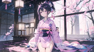 masterpiece, best quality, high quality, extremely detailed CG unity 8k wallpaper, extremely detailed, High Detail, vibrant colors, backlight, photo background, 

(1girl, solo), long hair, looking at viewer, black hair, ribbon, hair ribbon, upper body, ponytail, japanese clothes, kimono, blurry, black eyes, blurry background, pink ribbon, yukata,

A woman wearing a traditional Japanese kimono with geometric patterns in pink, blue, and white colors, Her hair is tied in a low ponytail with pink hair accessories, The background features a purple curtain with a white emblem, suggesting a traditional setting, wide shot, full body view, traditional Japanese room, tatami mats, shoji screen, lanterns, serene atmosphere, distant view,