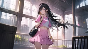 masterpiece, best quality, high quality, extremely detailed CG unity 8k wallpaper, extremely detailed, High Detail, vibrant colors, backlight, photo background, 

(1girl, solo), long hair, looking at viewer, smile, skirt, shirt, black hair, navel, jewelry, standing, short sleeves, pleated skirt, midriff, bag, bracelet, grey skirt, pink shirt, shoulder bag,

girl, pink short sleeve top, grey pleated skirt, yellow small bag, standing, blue shutter door, white text, posing with hands above head, casual outfit,