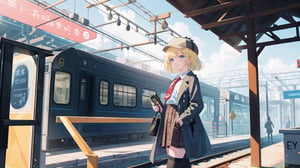 masterpiece, best quality, high quality, extremely detailed, High Detail, vibrant colors, 

(1girl, solo), virtual youtuber, amelia watson, amelia_detective, collared shirt, red necktie, plaid skirt, thighhighs, smile, holding, standing, from side, clock, pocket watch, deerstalker, detective outfit, trench coat, preparing to board a train, 

platform with train, train station, big windows, sunlight, sunlight streaming through, vintage clock on the wall, warm and inviting atmosphere, morning light, sense of adventure and anticipation