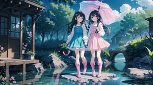 masterpiece, best quality, high quality, extremely detailed CG unity 8k wallpaper, extremely detailed, High Detail, anime style, colors, backlight, cute background, dreamy background, ethereal ambiance, magical atmosphere, fantasy elements, whimsical,

(2 girls, twins), long hair, multiple girls, black hair, dress, 2girls, boots, day, water, ocean, umbrella, knee boots, dual persona, pink footwear,

Two girls standing by the water, wearing cute dresses, long hair, holding a transparent umbrella, one in a pink dress, the other in a blue dress, fashionable boots, calm sea in the background, clear sky, refreshing and cheerful atmosphere, 