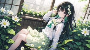 masterpiece, best quality, high quality, extremely detailed CG unity 8k wallpaper, extremely detailed, High Detail, vibrant colors, backlight, photo background, 

1girl, solo, long hair, bangs, skirt, shirt, black hair, long sleeves, holding, jewelry, flower, outdoors, parted lips, black eyes, lips, looking to the side, window, ring, white skirt, plant, white flower, green shirt, holding flower,

a woman holding white daisies, wearing a green knitted sweater, long straight hair, outdoor setting with wooden window and green plants, serene atmosphere, 