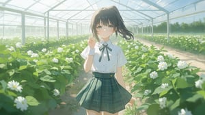 masterpiece, best quality, high quality, extremely detailed CG unity 8k wallpaper, extremely detailed, High Detail, vibrant colors, backlight, photo background, 

(1girl, solo), skirt, shirt, black hair, bow, school uniform, white shirt, ponytail, flower, short sleeves, pleated skirt, outdoors, bowtie, plaid, plaid skirt, field, flower field,

A girl in a white shirt and green plaid skirt standing in a field of green plants and white flowers, with a transparent greenhouse in the background, bright sunny day, fresh and natural atmosphere