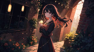 masterpiece, best quality, high quality, extremely detailed CG unity 8k wallpaper, extremely detailed, High Detail, vibrant, colors, backlight, simple background, brick wall background, ethereal lighting, dreamlike atmosphere, sparkling effects, red tune, 

(1girl, solo), long hair, looking at viewer, black hair, jewelry, necklace, black eyes, lips, magic, brick wall, glowing aura, fairy lights, full body, upper body,

A young girl standing in front of a brick wall, holding glowing string lights in her hands, dimly lit background, warm and mysterious atmosphere, calm expression, direct gaze at the camera, slightly pursed lips, wearing a black outfit with red floral embroidery, surrounded by soft glowing orbs, magical ambiance, gentle breeze moving hair and lights, serene and enchanting mood, starry sparkles in the background,