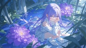 A whimsical portrait of a girl with mesmerizing grey eyes and striking purple hair, cascading down her back like a waterfall. She sits serenely, surrounded by lush greenery and the majestic purple flower, its petals unfolding like a celestial map. Her gaze meets the viewer's, a direct invitation to enter her mystical world. A delicate white jacket adorns her shoulders, contrasting with the vibrant hues around her. Long sleeves flow from her arms like gentle streams, as she cradles her hand above her knee, her very long hair spilling between her eyes like a curtain of mystery. Her feet are clad in pristine white shoes and socks, a testament to her connection to the star-studded universe above.