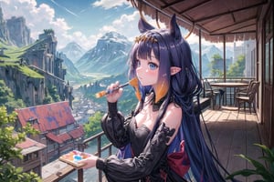 //Quality
(((best quality, 8k wallpaper))), ((detailed eyes, detailed illustration, masterpiece, ultra-detailed)),

//Charater
1girl, solo, ninomae ina'nis, bangs, inapriestess, strapless dress, low wings, halo, tentacles

// Pose
profile, in_profile, upper body, (dynamic angle), painting on a easel, holding a paint brush, 

// Background
balcony scenery, blue cloudy sky scenery, plants and flowers, mountains scenery
