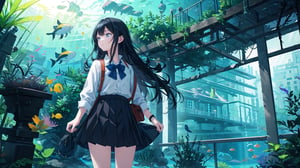 masterpiece, best quality, high quality, extremely detailed CG unity 8k wallpaper, extremely detailed, High Detail, vibrant colors, backlight, photo background, 

(1girl, solo), long hair, skirt, shirt, black hair, bag, looking up, watch, wristwatch, aquarium,

A girl standing in front of a large aquarium, gazing thoughtfully at the blue underwater scene, soft lighting, calm and serene atmosphere, long hair, casual outfit