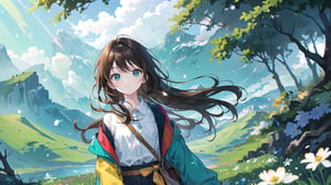 masterpiece, best quality, high quality, extremely detailed, High Detail, vibrant colors, illustration, backlight, colorful,

(1girl, solo), long hair, smile, brown hair, black hair, long sleeves, upper body, outdoors, sky, day, sweater, tree, blue sky, sleeves past wrists, mountain, teal jacket, scenic mountain landscape, clear blue skies, sunlight, green vegetation, majestic mountains, gentle breeze, wildflowers, warm glow, peaceful atmosphere