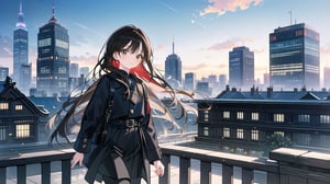 masterpiece, best quality, high quality, extremely detailed CG unity 8k wallpaper, extremely detailed, High Detail, vibrant colors, backlight, photo background,

(1girl, solo), solo focus, lips, brown eyes, long hair, black hair, black outfit, long sleeves, skirt, black pants, accessories, outdoors,

Tokyo Station, red brick building, building, city, road, street, modern skyscrapers, wide plaza, grey stone tiles, green lawn, no other people