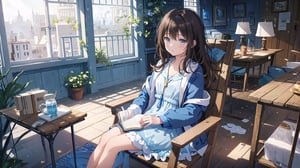 masterpiece, best quality, high quality, extremely detailed CG unity 8k wallpaper, extremely detailed, High Detail, vibrant colors, backlight, photo background, dreamy atmosphere, serene, peaceful, pastel colors,

(1girl, solo), long hair, looking at viewer, brown hair, black hair, long sleeves, dress, holding, brown eyes, sitting, jacket, indoors, lips, book, blue dress, white jacket, door,

A person wearing a white jacket and light blue dress, sitting on an indoor bench, reading a comic book,
Background with wooden doors and walls, traditional design elements,