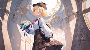 masterpiece, best quality, high quality, extremely detailed, High Detail, vibrant colors, simple background,  white background, colorful, bright background, happy atmosphere, cute, 

(1girl, solo), blush, smile,  grin, ^ ^, closed eyes, virtual youtuber, amelia watson, watson amelia,short hair, blonde hair, hair ornament, onocle hair ornament, amelia_detective, collared shirt, red necktie, plaid skirt, thighhighs, smile, holding, standing, from side, clock, pocket watch, deerstalker, detective outfit, trench coat, holding, flower, bouquet, holding bouquet, holding bouquet of flowers, holomyth, 