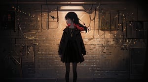 masterpiece, best quality, high quality, extremely detailed CG unity 8k wallpaper, extremely detailed, High Detail, vibrant, colors, backlight, simple background, brick wall background,

(1girl, solo), long hair, looking at viewer, black hair, jewelry, upper body, necklace, black eyes, lips, magic, brick wall, full body,

A young girl standing in front of a brick wall, holding glowing string lights in her hands, dimly lit background, warm and mysterious atmosphere, calm expression, direct gaze at the camera, slightly pursed lips, wearing a black outfit with red floral embroidery,