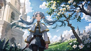 masterpiece, best quality, high quality, extremely detailed CG unity 8k wallpaper, extremely detailed, High Detail, vibrant colors, backlight, photo background, 

(1girl, solo), frieren, long hair, twintails, (green eyes:1.5), grey hair, pointy ears, elf, shirt, long sleeves, jewelry, pantyhose, earrings, striped, black pantyhose, capelet, striped shirt, 

upper body, outdoors, sky, pointy ears, cloud, hand up, blurry, from side, petals, floating hair, field,

A fantasy elf girl with long silver hair, standing in a field of flowers with a dreamy sky background, She is holding a magical staff and her hair is flowing in the wind, The scene is serene and filled with soft light, 