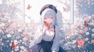 A stunning digital illustration of a single girl posing solo in front of a simple background with a dreamy, pastel-colored garden filled with blooming flowers and butterflies. She wears a white long-sleeved shirt with a red necktie and a black skirt, complete with low twintails and bangs framing her face. Her hair falls between her eyes, and she keeps her parted lips closed, showcasing a subtle smirk. The focus is on her bust shot as she holds a red butterfly specimen in front of her. A black and blue military hat sits atop her head, adding an air of uniformity to the overall design. Soft shadows enhance the dreamcore atmosphere, inviting the viewer to step into this whimsical world.