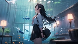 masterpiece, best quality, high quality, extremely detailed CG unity 8k wallpaper, extremely detailed, High Detail, vibrant colors, backlight, photo background, 

(1girl, solo), long hair, skirt, shirt, black hair, bag, looking up, watch, wristwatch, aquarium,

A girl standing in front of a large aquarium, gazing thoughtfully at the blue underwater scene, soft lighting, calm and serene atmosphere, long hair, casual outfit