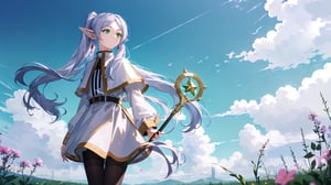 masterpiece, best quality, high quality, extremely detailed CG unity 8k wallpaper, extremely detailed, High Detail, vibrant colors, backlight, photo background, 

(1girl, solo), frieren, long hair, twintails, (green eyes:1.5), grey hair, pointy ears, elf, shirt, long sleeves, jewelry, pantyhose, earrings, striped, black pantyhose, capelet, striped shirt, 

upper body, outdoors, sky, pointy ears, cloud, hand up, blurry, from side, petals, floating hair, field,

A fantasy elf girl with long silver hair, standing in a field of flowers with a dreamy sky background, She is holding a magical staff and her hair is flowing in the wind, The scene is serene and filled with soft light, 