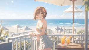 A young woman with short, brown hair adorned with a hair ornament, wears a bright smile as she gazes directly at the viewer. Her short locks are styled to perfection, framing her heart-shaped face. She's dressed in light denim shorts and a floral camisole, exuding effortless charm. Set against the serene backdrop of an ocean-filled horizon, she stands confidently by a railing, surrounded by beach umbrellas providing shade. A pair of drinks sit on a nearby table, as if inviting the viewer to join her in this idyllic outdoor setting.