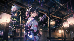 masterpiece, best quality, high quality, extremely detailed CG unity 8k wallpaper, extremely detailed, High Detail, vibrant colors, backlight, photo background, 

(1girl, solo), long hair, looking at viewer, black hair, ribbon, hair ribbon, upper body, ponytail, japanese clothes, kimono, blurry, black eyes, blurry background, pink ribbon, yukata,

A woman wearing a traditional Japanese kimono with geometric patterns in pink, blue, and white colors, Her hair is tied in a low ponytail with pink hair accessories, The background features a purple curtain with a white emblem, suggesting a traditional setting, wide shot, full body view, traditional Japanese room, tatami mats, shoji screen, lanterns, serene atmosphere, distant view,