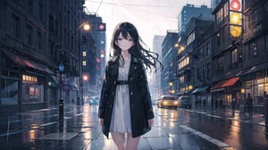 masterpiece, best quality, high quality, extremely detailed, High Detail, vibrant colors, backlight, 

(1girl, solo), long hair, looking at viewer, bangs, black hair, long sleeves, parted lips, lips, dress, standing, delicate face, soft lighting,

night, outdoors, tree, ground vehicle, city, car, road, lamppost, street, crosswalk, night city street, buildings, street lights, trees, road signs, reflections on wet ground, urban night scene, light rain, glowing neon signs, misty ambiance, bustling city, illuminated skyscrapers, busy streets, traffic lights, sidewalk, shop windows, cityscape, urban skyline, 