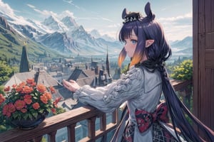 //Quality
(((best quality, 8k wallpaper))), ((detailed eyes, detailed illustration, masterpiece, ultra-detailed)),

//Charater
1girl, solo, ninomae ina'nis, bangs, inacolorful, multicolored clothes, mini hat

// Pose
profile, in_profile, upper body, (dynamic angle), 

// Background
balcony scenery, blue cloudy sky scenery, plants and flowers, mountains scenery