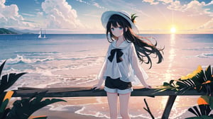 masterpiece, best quality, high quality, extremely detailed CG unity 8k wallpaper, extremely detailed, High Detail, vibrant, colors, backlight, ethereal, dreamy, soft lighting,

(1girl, solo), shirt, black hair, hat, white shirt, outdoors, sky, shorts, water, ocean, white headwear, black shorts, sun hat, sunset, photo background,

A girl standing by the sea during sunset, wearing a white lightweight blouse and black shorts, with a white wide-brimmed straw hat, The background features a calm ocean with multiple boats anchored in the distance, and the sky displaying a beautiful gradient from orange to blue, surrounded by soft clouds and gentle light reflections on the water, giving a serene and magical atmosphere,