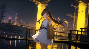 masterpiece, best quality, high quality, extremely detailed CG unity 8k wallpaper, extremely detailed, High Detail, vibrant colors, backlight, simple background, night background, night, yellow background, yellow tones, 

(1girl, solo), long hair, looking at viewer, brown hair, dress, brown eyes, jewelry, earrings, outdoors, belt, white dress, sleeves past wrists, photo background, real world location,

A young girl standing by a riverside at night, wearing a red knit cardigan and a white dress, The background features a river with reflections of lights and a bridge, The scene is set in a peaceful and romantic nighttime atmosphere,