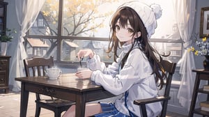 masterpiece, best quality, high quality, extremely detailed CG unity 8k wallpaper, extremely detailed, High Detail, vibrant colors, backlight, photo background, 

(1girl, solo), long hair, looking at viewer, smile, brown hair, long sleeves, hat, holding, brown eyes, jewelry, upper body, indoors, nail polish, bracelet, cup, lips, window, table, holding cup, beanie,

a young woman, wearing a light-colored fuzzy hat, long straight black hair, blue turtleneck long-sleeve shirt, holding a yellow and white striped cup, sitting indoors with striped wall background, smiling, cozy atmosphere, high quality, detailed face, natural lighting