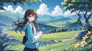 masterpiece, best quality, high quality, extremely detailed, High Detail, vibrant colors, illustration, backlight, colorful,

(1girl, solo), long hair, smile, brown hair, black hair, long sleeves, upper body, outdoors, sky, day, sweater, tree, blue sky, sleeves past wrists, mountain, teal jacket, scenic mountain landscape, clear blue skies, sunlight, green vegetation, majestic mountains, gentle breeze, wildflowers, warm glow, peaceful atmosphere