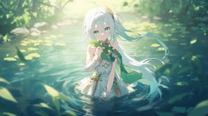 (1girl, solo), long hair, looking at viewer, smile, bangs, hair ornament, dress, holding, hair between eyes, green eyes, standing, white hair, sidelocks, multicolored hair, outdoors, detached sleeves, pointy ears, water, cape, white dress, side ponytail, symbol-shaped pupils, gradient hair, leaf, plant, nature, wading, green cape, nahida \(genshin impact\), nahida,

a cute anime character with white hair and green eyes, wearing an intricate white and green outfit, standing in water, holding a large leaf, forest background, sunlight filtering through leaves, mystical and dreamy atmosphere, highly detailed, vibrant colors