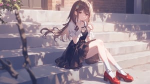 (1girl, solo), long hair, looking at viewer, skirt, brown hair, dress, brown eyes, jewelry, sitting, full body, outdoors, shoes, sleeveless, socks, black skirt, necklace, black dress, lips, shadow, white socks, red footwear, stairs,

A woman sitting on outdoor steps, wearing a black sleeveless dress, long wavy hair, white socks, and red patent leather chunky shoes. Sunlight casting long shadows, with a brick wall and door in the background