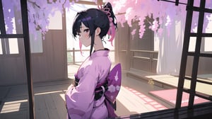 masterpiece, best quality, high quality, extremely detailed CG unity 8k wallpaper, extremely detailed, High Detail, vibrant colors, backlight, photo background, 

(1girl, solo), long hair, looking at viewer, black hair, ribbon, hair ribbon, upper body, ponytail, japanese clothes, kimono, blurry, black eyes, blurry background, pink ribbon, yukata,

A woman wearing a traditional Japanese kimono with geometric patterns in pink, blue, and white colors, Her hair is tied in a low ponytail with pink hair accessories, The background features a purple curtain with a white emblem, suggesting a traditional setting, wide shot, full body view, traditional Japanese room, tatami mats, shoji screen, lanterns, serene atmosphere, distant view,