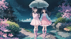 masterpiece, best quality, high quality, extremely detailed CG unity 8k wallpaper, extremely detailed, High Detail, anime style, colors, backlight, cute background, dreamy background, ethereal ambiance, magical atmosphere, fantasy elements, whimsical,

(2 girls, twins), long hair, multiple girls, black hair, dress, 2girls, boots, day, water, ocean, umbrella, knee boots, dual persona, pink footwear,

Two girls standing by the water, wearing cute dresses, long hair, holding a transparent umbrella, one in a pink dress, the other in a blue dress, fashionable boots, calm sea in the background, clear sky, refreshing and cheerful atmosphere, 