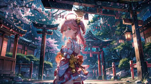 //Quality
(((best quality, 8k wallpaper))), ((detailed eyes, detailed illustration, masterpiece, ultra-detailed)),

//Charater
1girl, solo, Sakura Miko, SakuraMiko, 
MikoBase, long hair, ahoge, one side up, hair bell, cherry blossom print, nontraditional miko, frills, single thighhigh, bridal garter, 

// Pose
upper body, (dynamic angle), 
looking at viewer, 

// Background
((detailed background)), midjourney, yofukashi background,perfect light, (cherry blossoms), extremely delicate and beautiful, ((background: shrine, night stars iridescent)), ((nightime, detailed stars)), Night view in the shrine, A girl prays in front of a shrine at night, behind her is a row of lanterns and a red torii gate,midjourney,More Detail